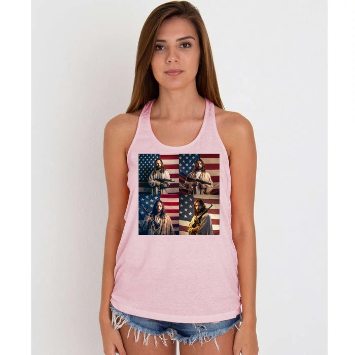 Jesus Christ Carrying Gun Defending America Women's Knotted Racerback Tank