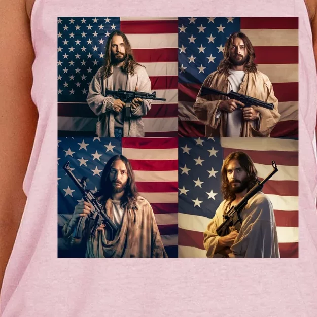 Jesus Christ Carrying Gun Defending America Women's Knotted Racerback Tank