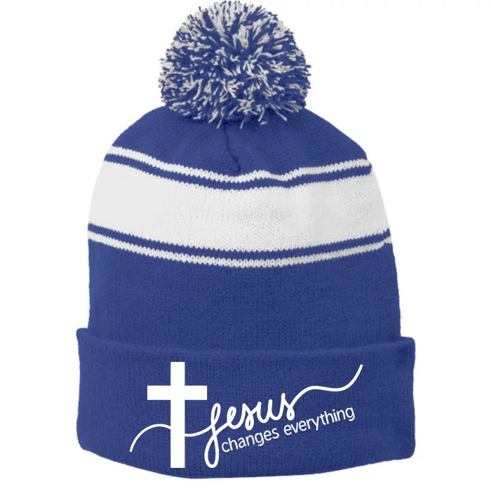 Jesus Changes Everything Cross Stripe Pom Pom Beanie