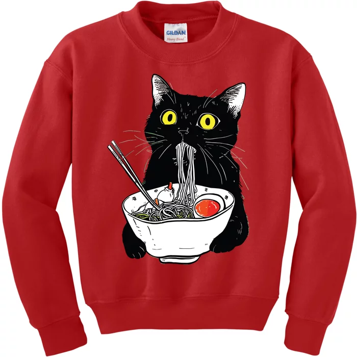 Japanese Cat Funny Cat Eating Ramen Vintage Japanese Noodles Kids Sweatshirt