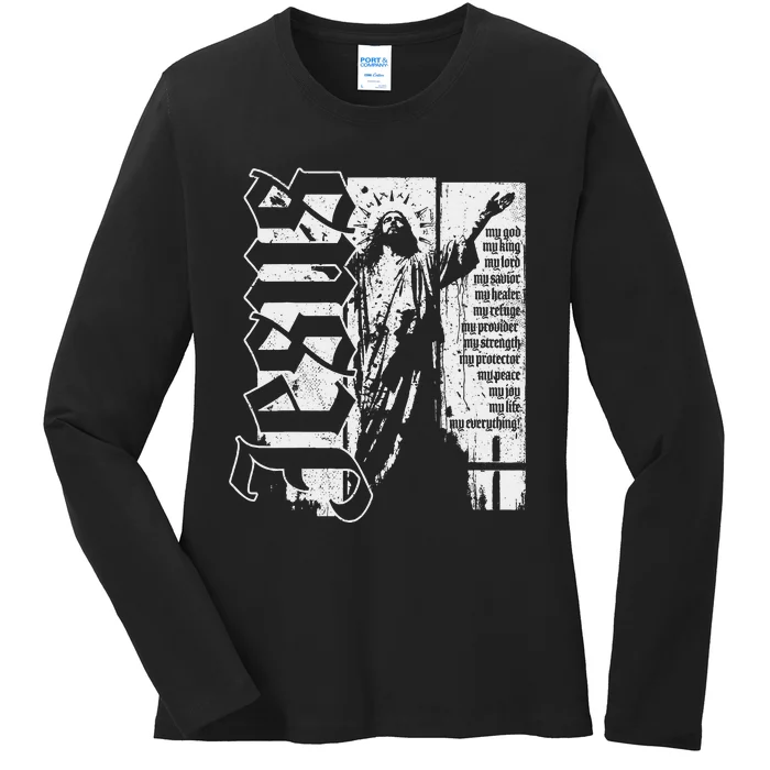 Jesus Christ God King Lord Savior Strength Prayer Christian Ladies Long Sleeve Shirt