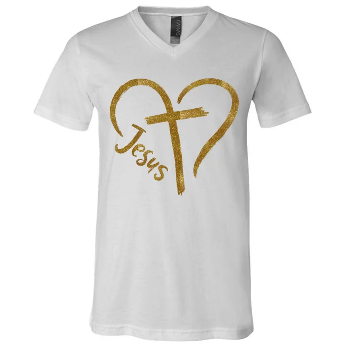 Jesus Cross Heart Christianity V-Neck T-Shirt