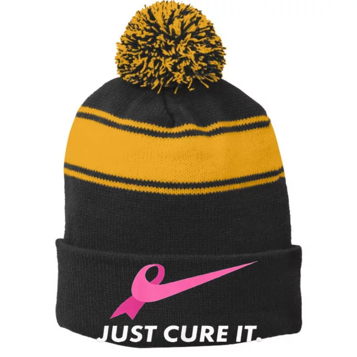 Just Cure It Breast Cancer Awareness Stripe Pom Pom Beanie