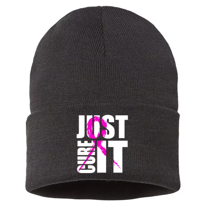 Just Cure It Breast Cancer Awareness Pink Ribbon Sustainable Knit Beanie