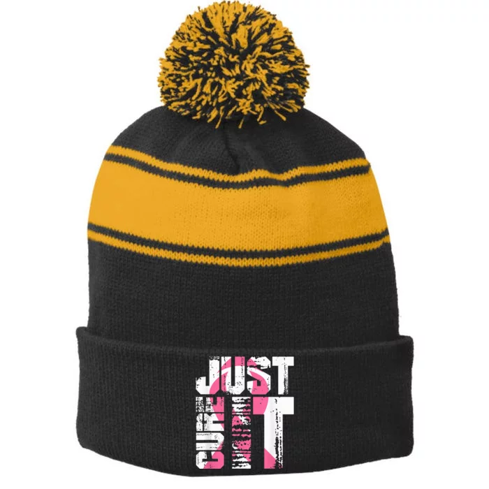 Just Cure It Breast Cancer Awareness White Shirt Stripe Pom Pom Beanie