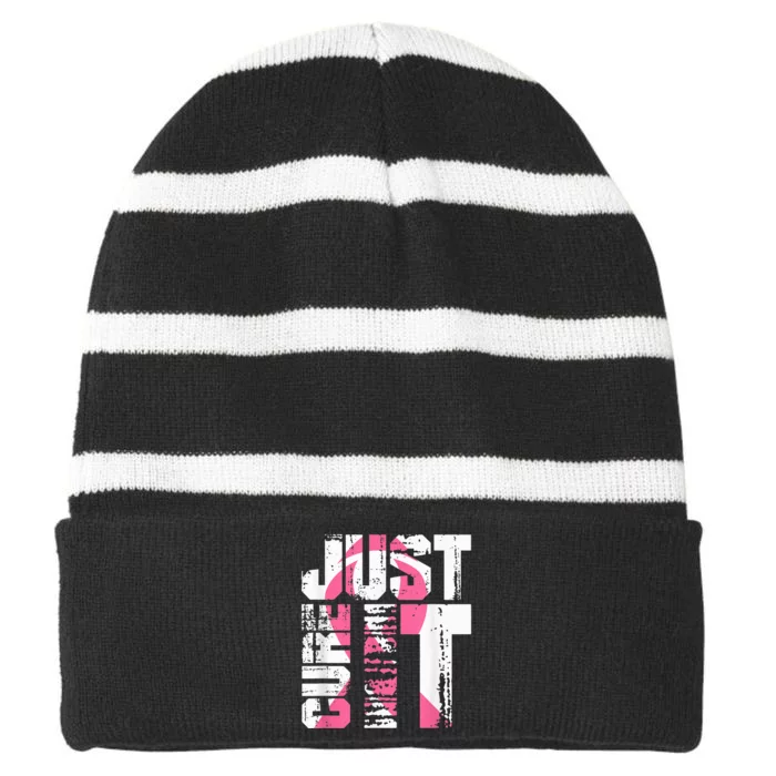 Just Cure It Breast Cancer Awareness White Shirt Striped Beanie with Solid Band