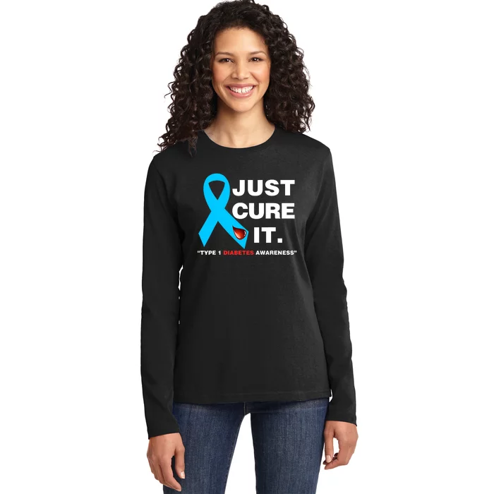 Just Cure It Blue Ribbon Type 1 Diabetes Awareness Ladies Long Sleeve Shirt