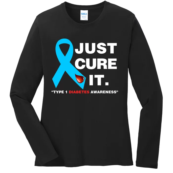 Just Cure It Blue Ribbon Type 1 Diabetes Awareness Ladies Long Sleeve Shirt