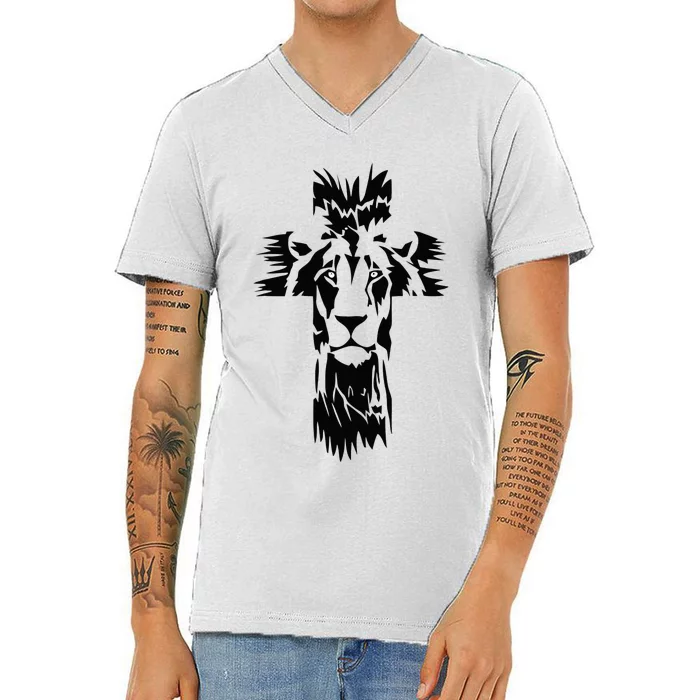 Jesus Crossbar Lion Believe in Jesus Christian Apparel V-Neck T-Shirt