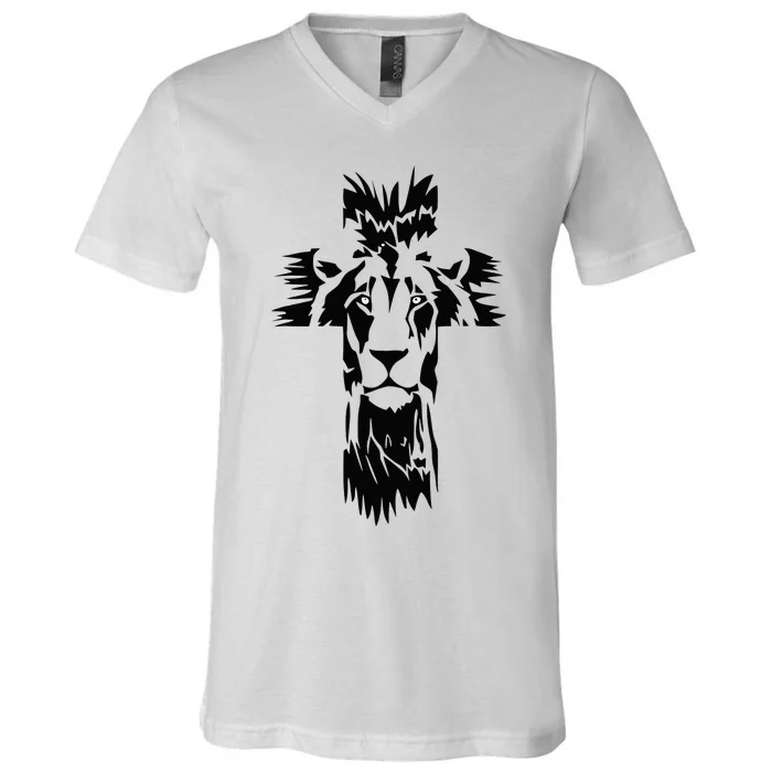 Jesus Crossbar Lion Believe in Jesus Christian Apparel V-Neck T-Shirt