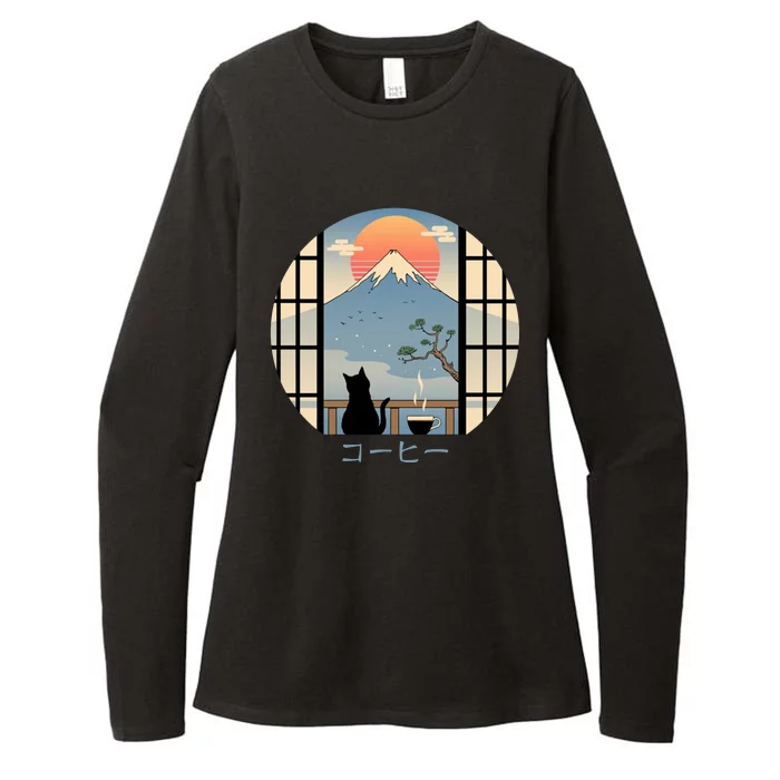 Japanese Cat Mountain Sunset Womens CVC Long Sleeve Shirt