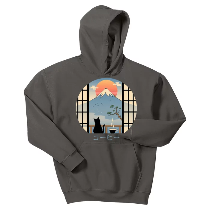 Japanese Cat Mountain Sunset Kids Hoodie