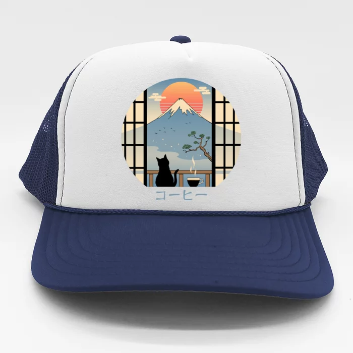 Japanese Cat Mountain Sunset Trucker Hat