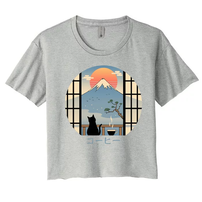 Japanese Cat Mountain Sunset Women's Crop Top Tee