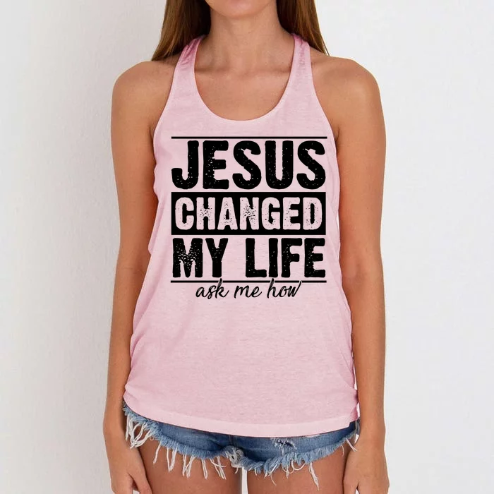 Jesus Changed My Life Ask Me How Women's Knotted Racerback Tank