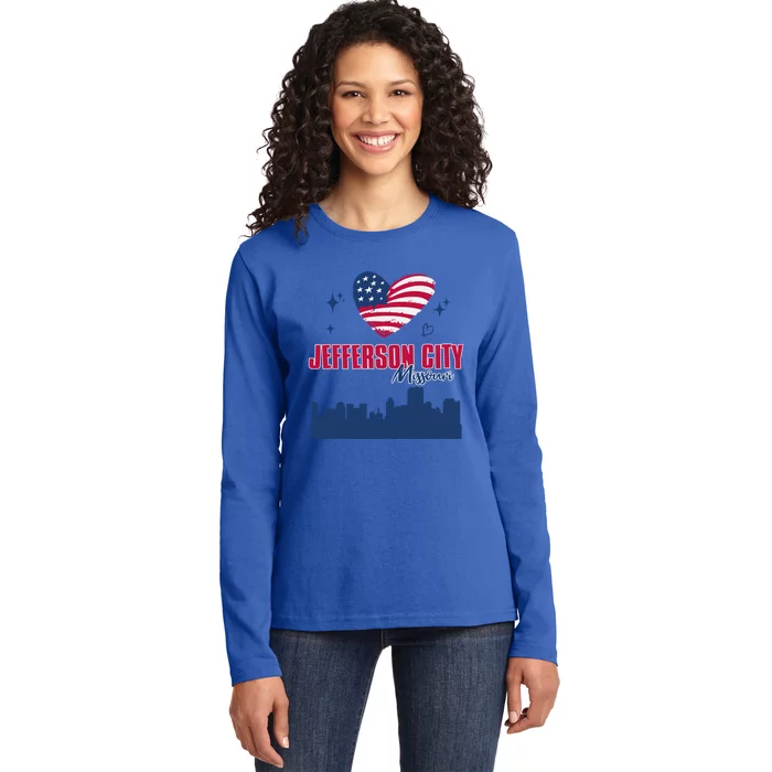 Jefferson City Missouri Skyline American Flag Heart Gift Ladies Long Sleeve Shirt