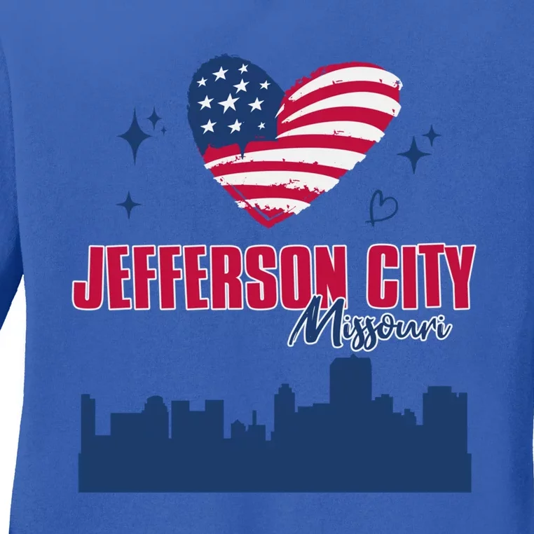 Jefferson City Missouri Skyline American Flag Heart Gift Ladies Long Sleeve Shirt