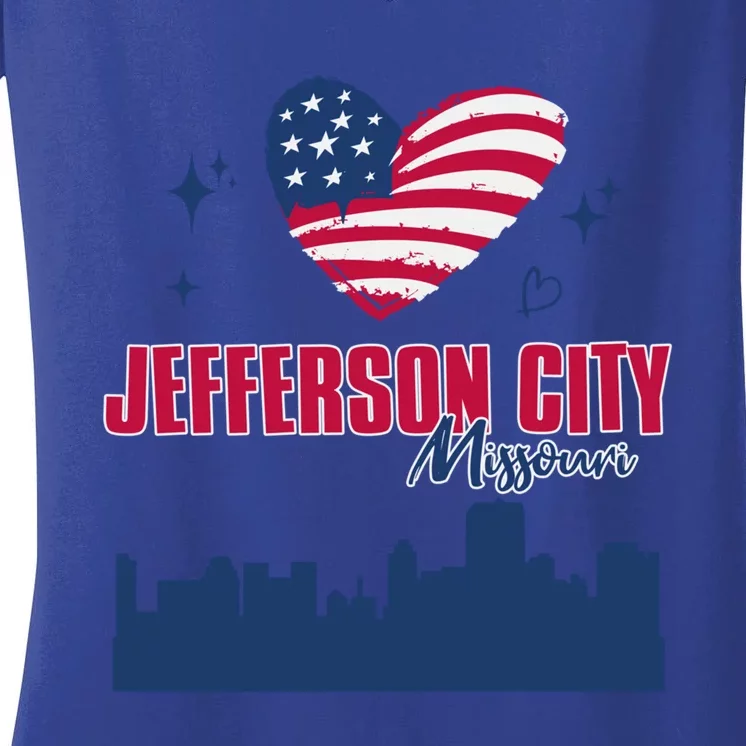 Jefferson City Missouri Skyline American Flag Heart Gift Women's V-Neck T-Shirt