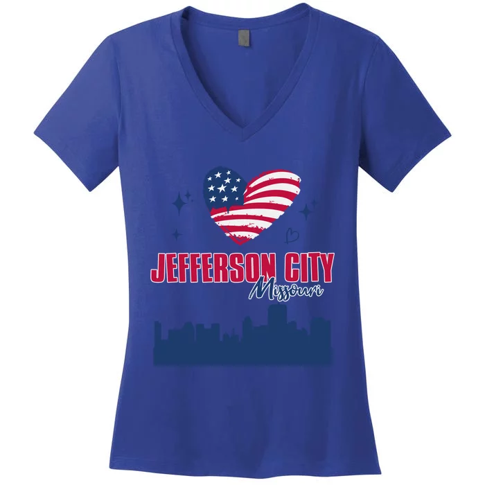 Jefferson City Missouri Skyline American Flag Heart Gift Women's V-Neck T-Shirt