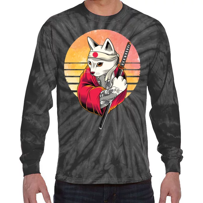 Japanese Cat Martial Art Samurai Pastel Goth Tie-Dye Long Sleeve Shirt