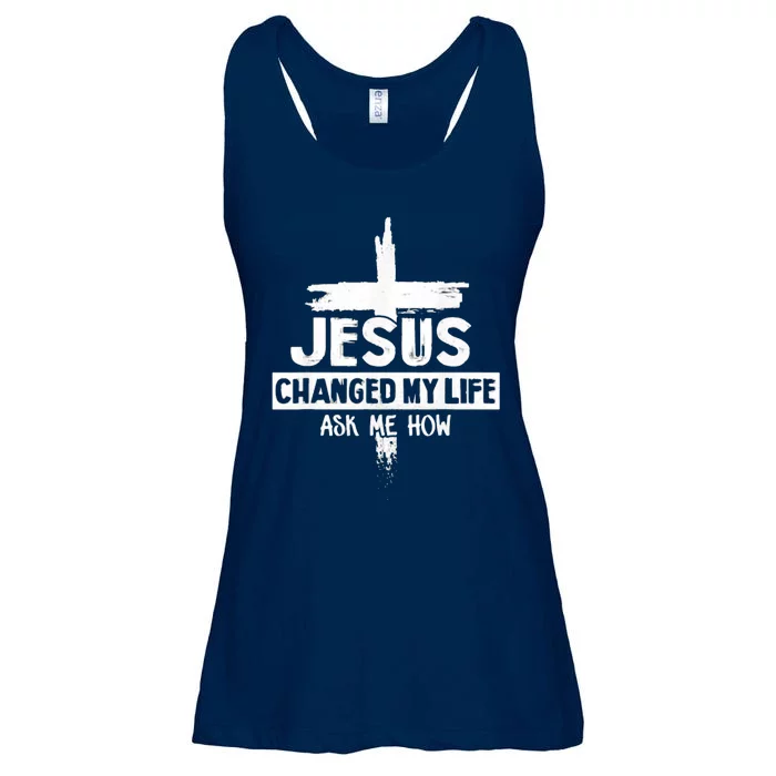 Jesus Changed My Life Ask Me How Bible Cross Christ Ladies Essential Flowy Tank