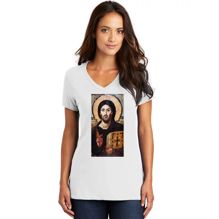 Jesus Christ Pantocrator Sinai Orthodox Christian Icon Gifts Women's V-Neck T-Shirt