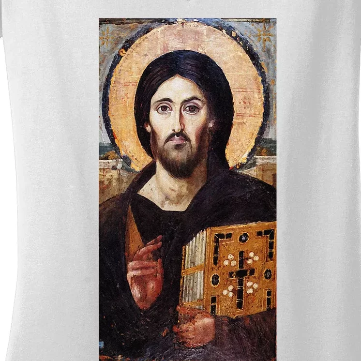 Jesus Christ Pantocrator Sinai Orthodox Christian Icon Gifts Women's V-Neck T-Shirt