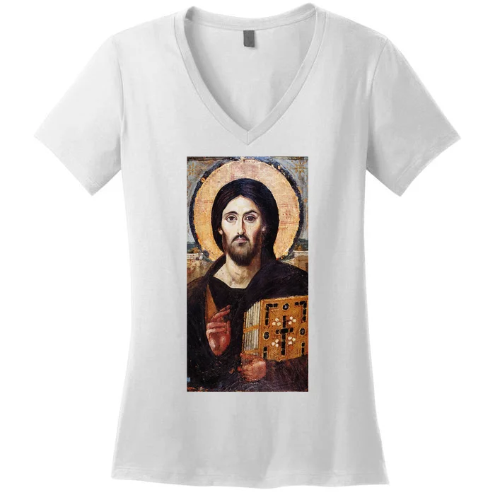 Jesus Christ Pantocrator Sinai Orthodox Christian Icon Gifts Women's V-Neck T-Shirt