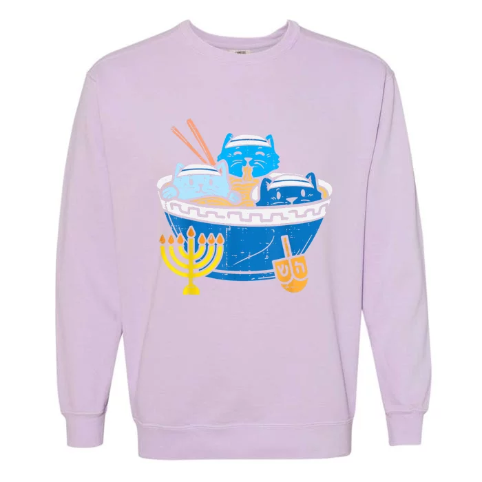 Jewish Cats Ramen Kitten Anime Hanukkah Pajamas Chanukah Garment-Dyed Sweatshirt