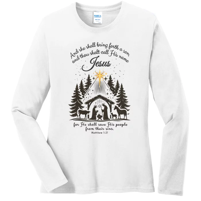 Jesus Christmas She Shall Bring Forth A Son Nativity Scene Ladies Long Sleeve Shirt