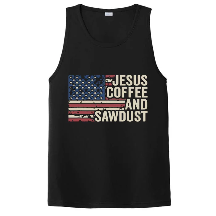 Jesus Coffee Sawdust Christian Carpenter Woodworking USA Performance Tank