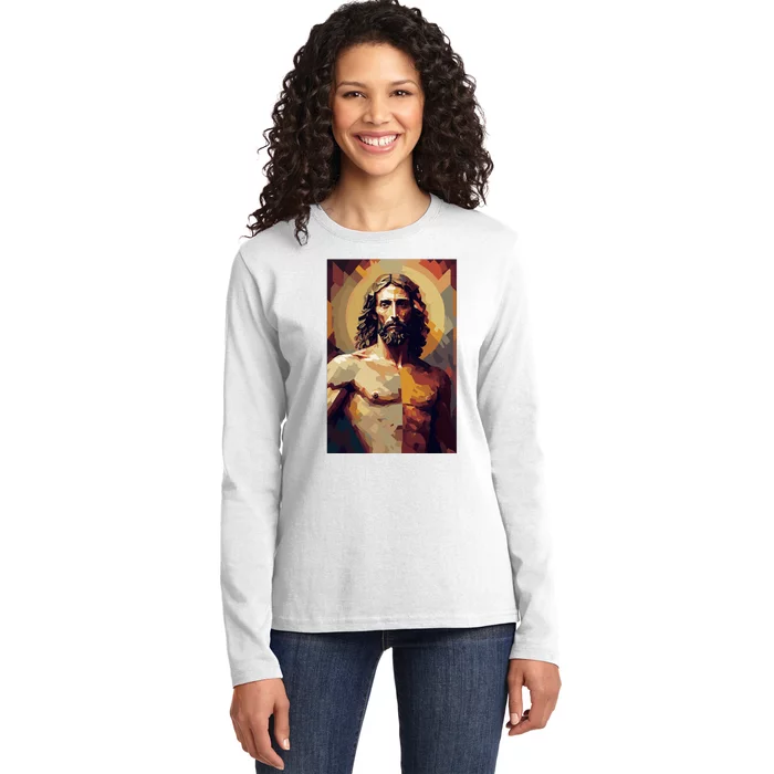 Jesus Christ Stained Glass Art Ladies Long Sleeve Shirt