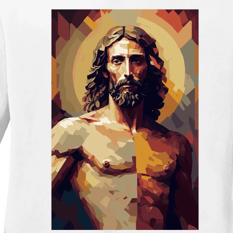 Jesus Christ Stained Glass Art Ladies Long Sleeve Shirt