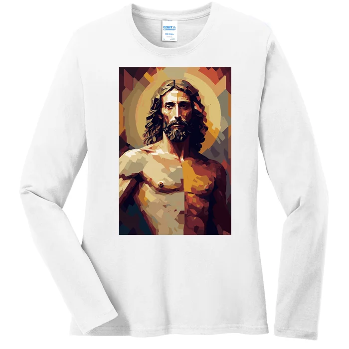 Jesus Christ Stained Glass Art Ladies Long Sleeve Shirt