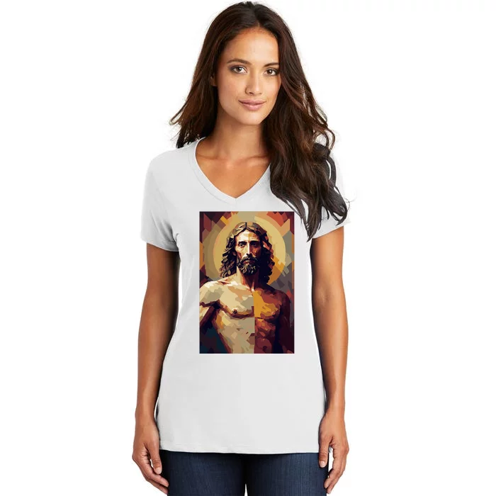 Jesus Christ Stained Glass Art Women's V-Neck T-Shirt