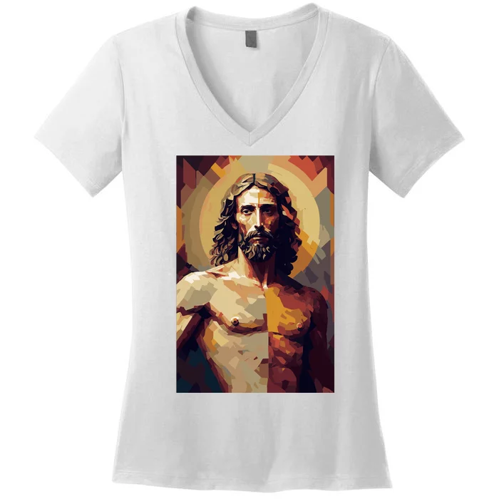 Jesus Christ Stained Glass Art Women's V-Neck T-Shirt