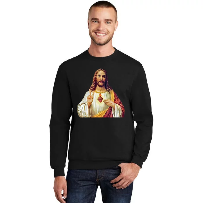 Jesus Christ Sacred Heart Peace Sign Portrait Tall Sweatshirt