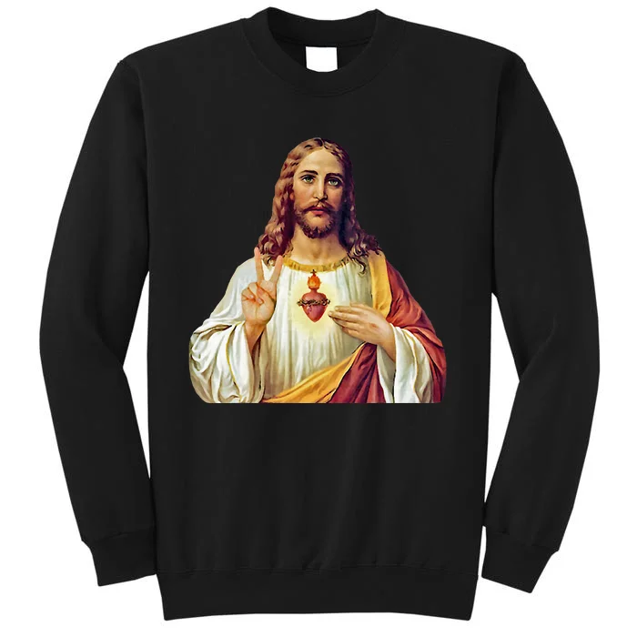 Jesus Christ Sacred Heart Peace Sign Portrait Tall Sweatshirt