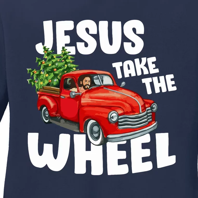 Jesus Christ Take The Wheel Red Truck Christmas Christian Ladies Long Sleeve Shirt