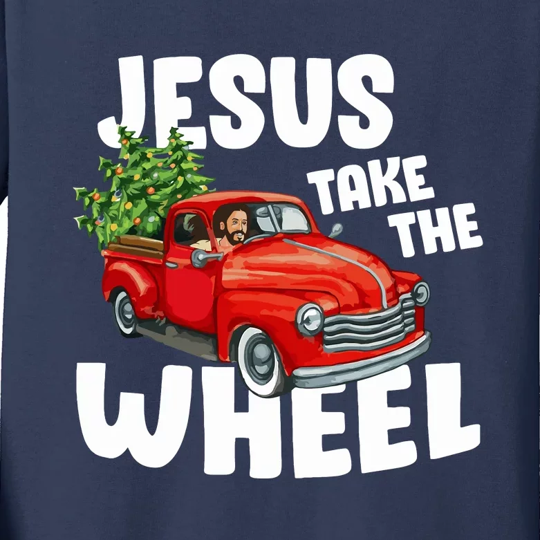 Jesus Christ Take The Wheel Red Truck Christmas Christian Kids Long Sleeve Shirt