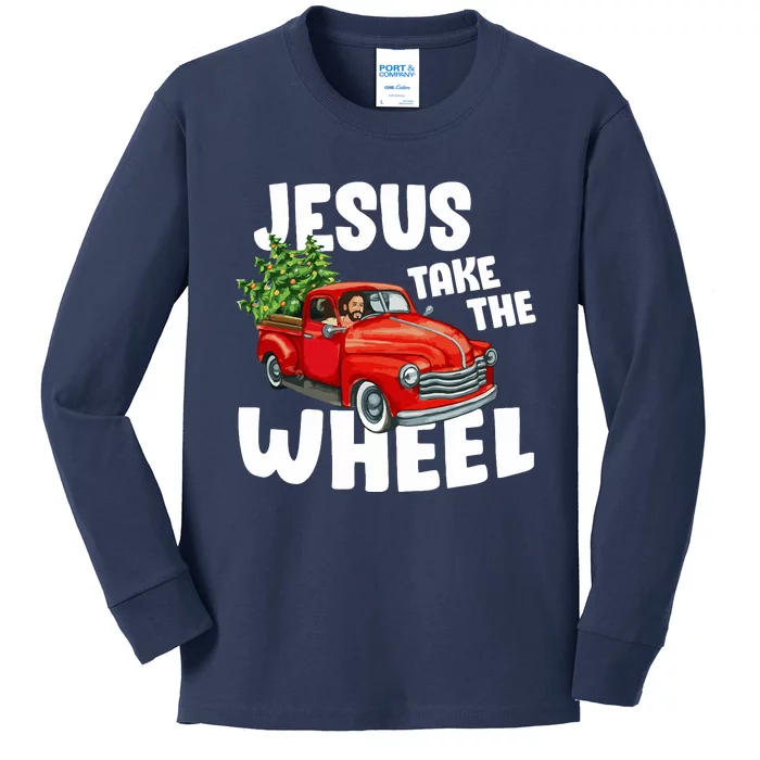 Jesus Christ Take The Wheel Red Truck Christmas Christian Kids Long Sleeve Shirt