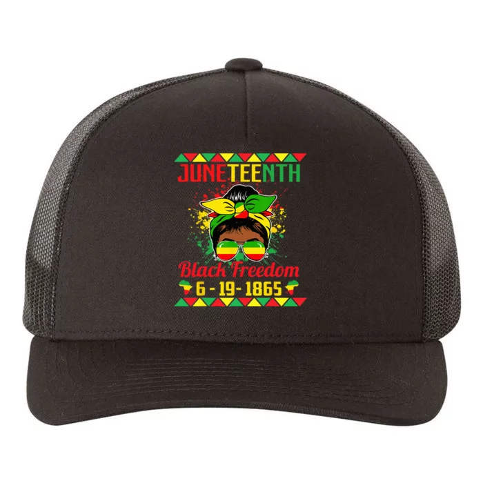 Juneteenth Celebrations through glasses of Bold Black Yupoong Adult 5-Panel Trucker Hat