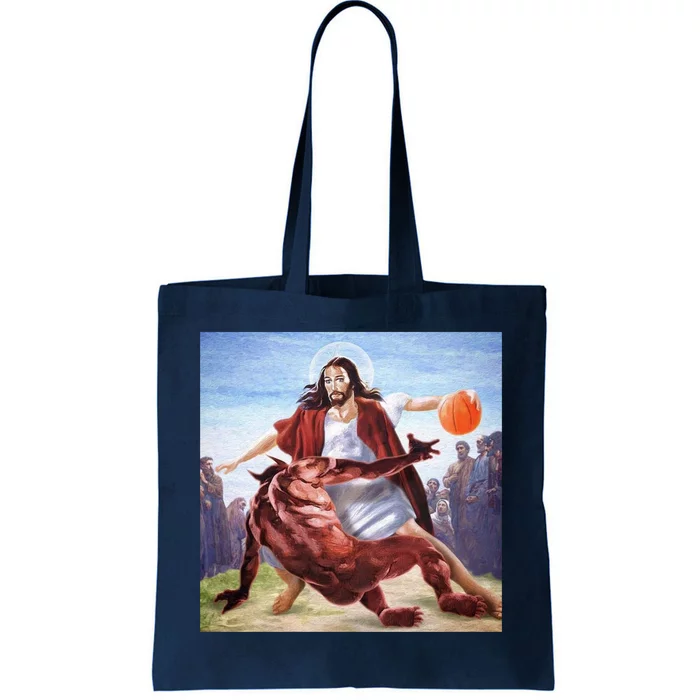 Jesus Crossing Up Satan Basketball Tote Bag