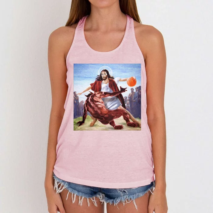 Jesus Crossing Up Satan Basketball Women's Knotted Racerback Tank