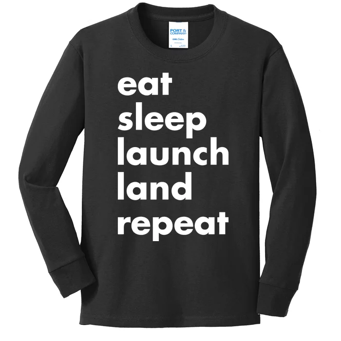 Jen Crowley Wearing Eat Sleep Launch Land Repeat Kids Long Sleeve Shirt