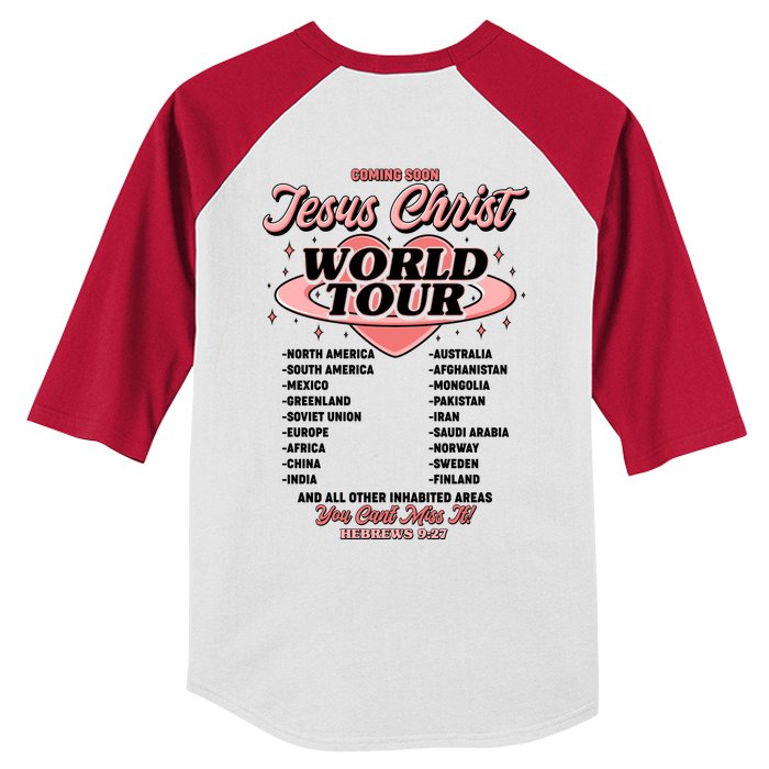 Jesus Christ World Tour Christian Faith Front & Back Kids Colorblock Raglan Jersey