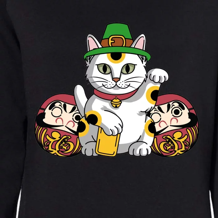 Japanese Daruma Doll Eki Neko Cat In St Patrick's Hat Great Gift Womens California Wash Sweatshirt