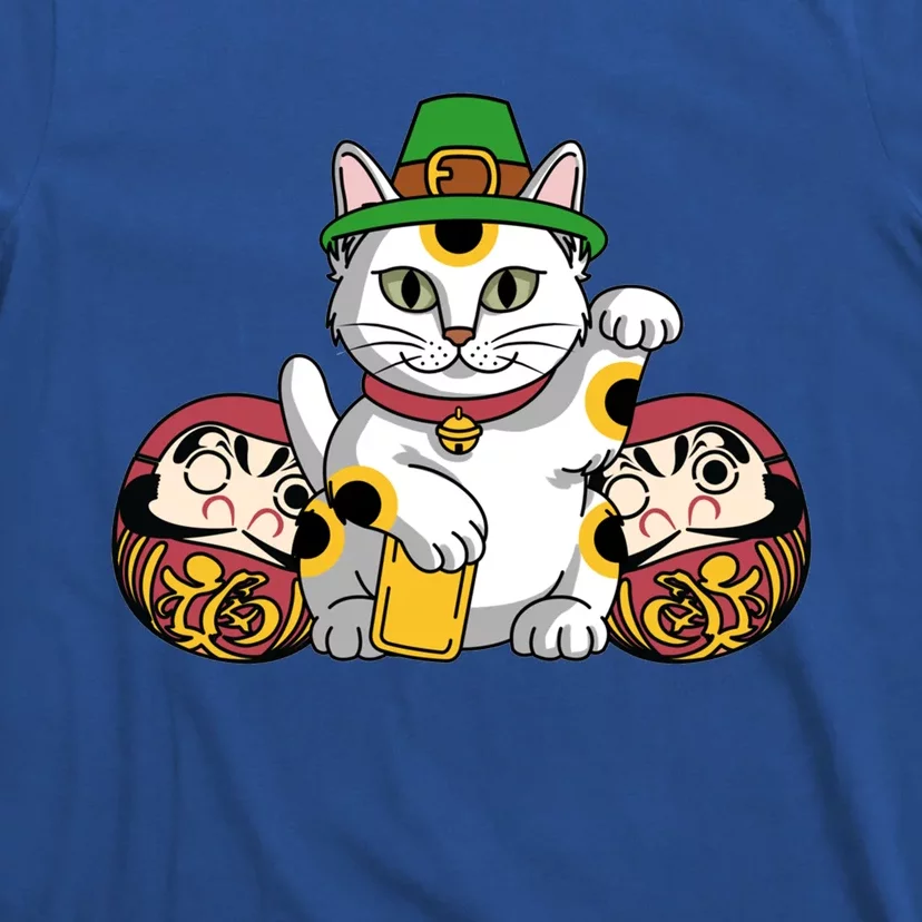 Japanese Daruma Doll Eki Neko Cat In St Patrick's Hat Great Gift T-Shirt