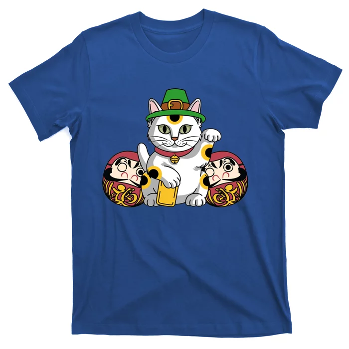 Japanese Daruma Doll Eki Neko Cat In St Patrick's Hat Great Gift T-Shirt