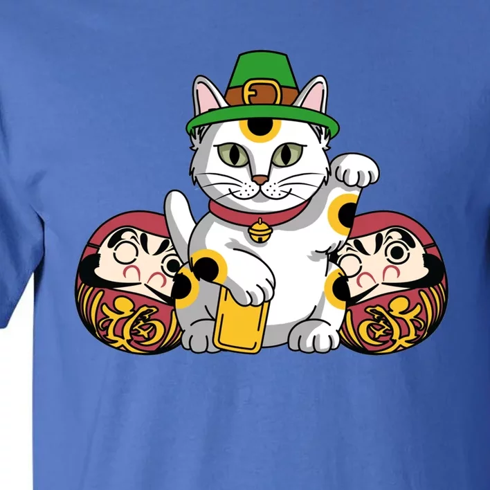 Japanese Daruma Doll Eki Neko Cat In St Patrick's Hat Great Gift Tall T-Shirt